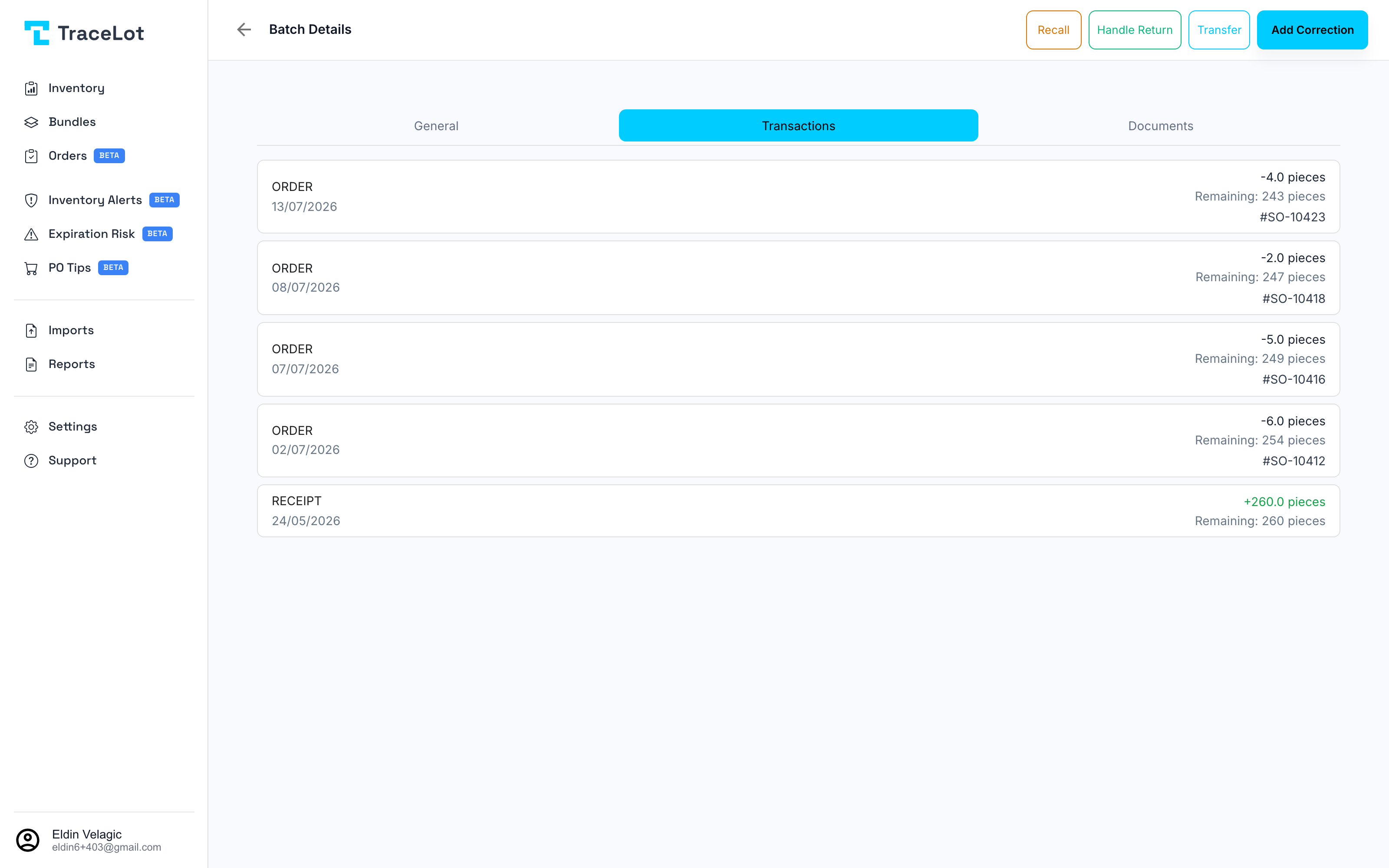 Batch ledger for one lot — goods receipt, then order-by-order deductions with running balance and order references