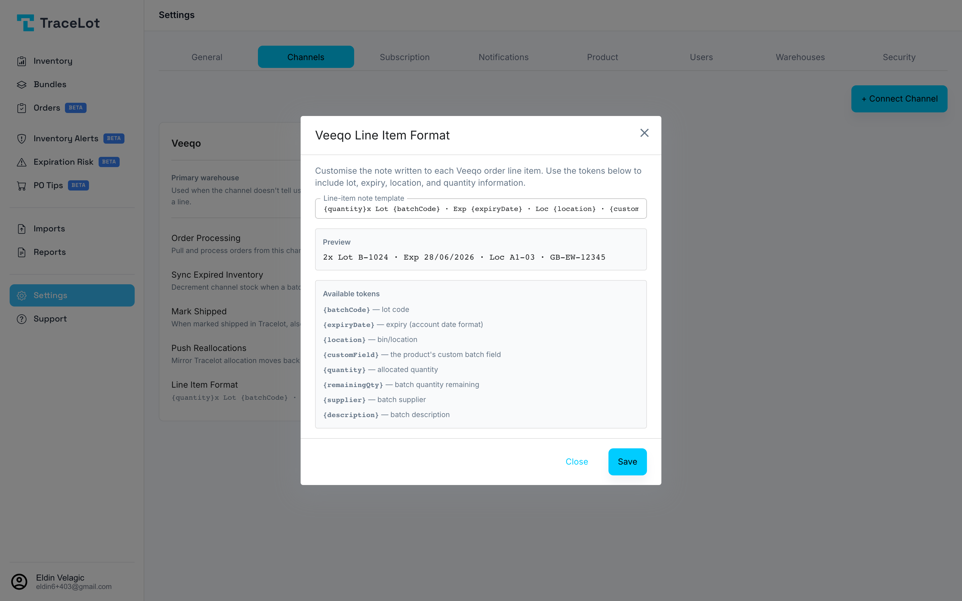 TraceLot's configurable Veeqo line item format with live preview showing lot, expiry, bin and plant passport
