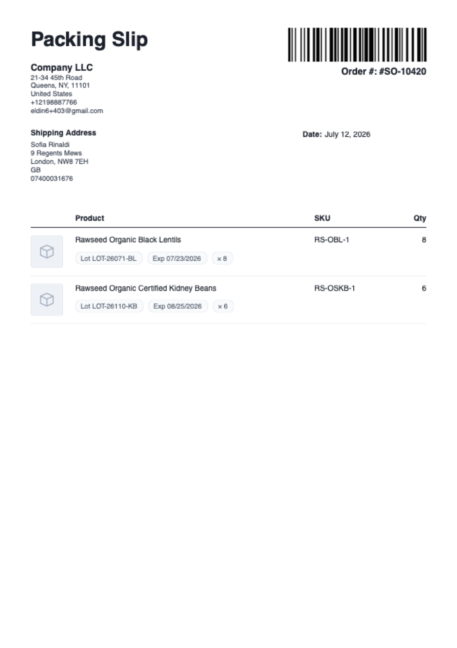 Packing slip with per-line lot and expiry chips and order barcode