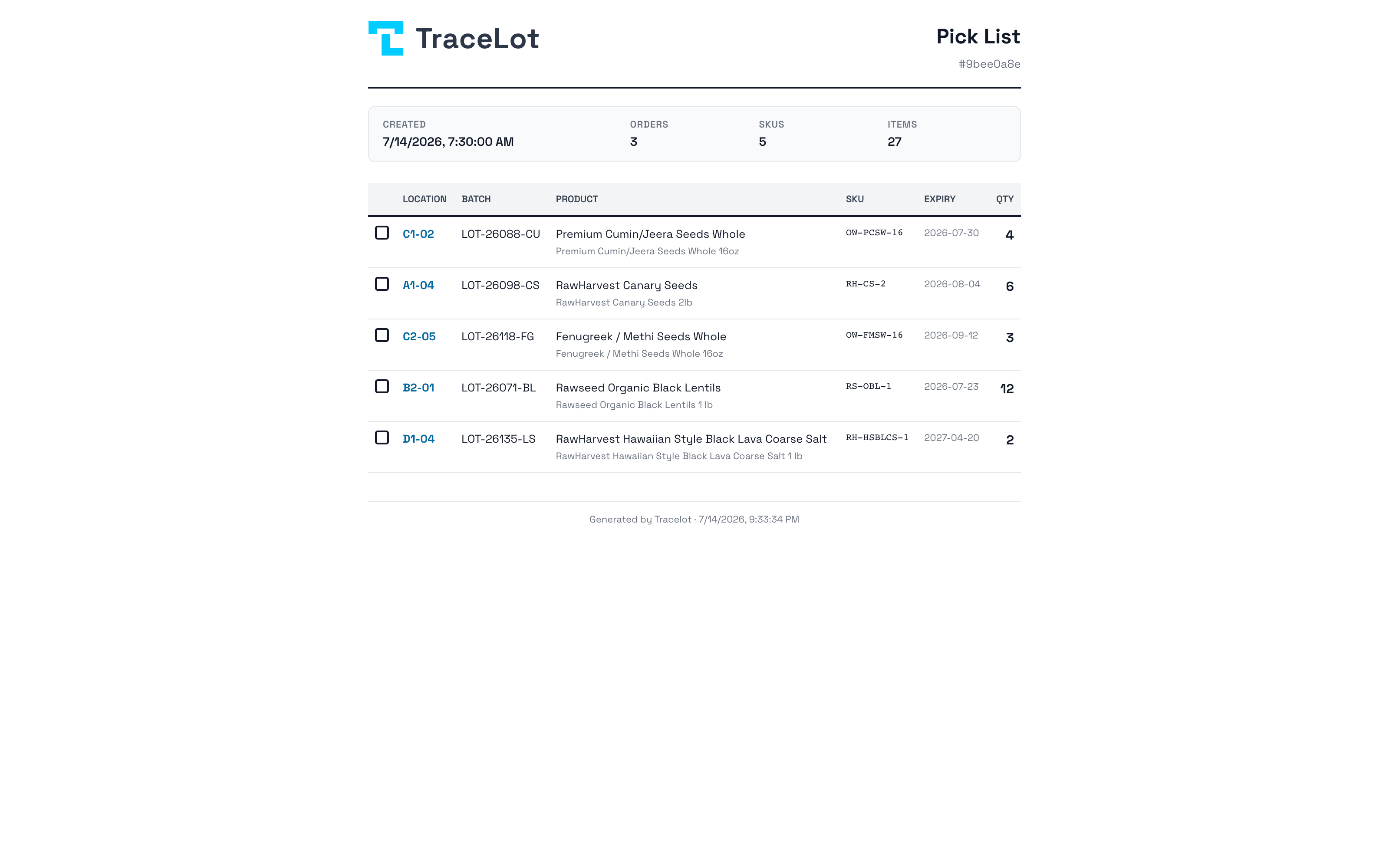 Printed pick list sorted by bin location with lot codes