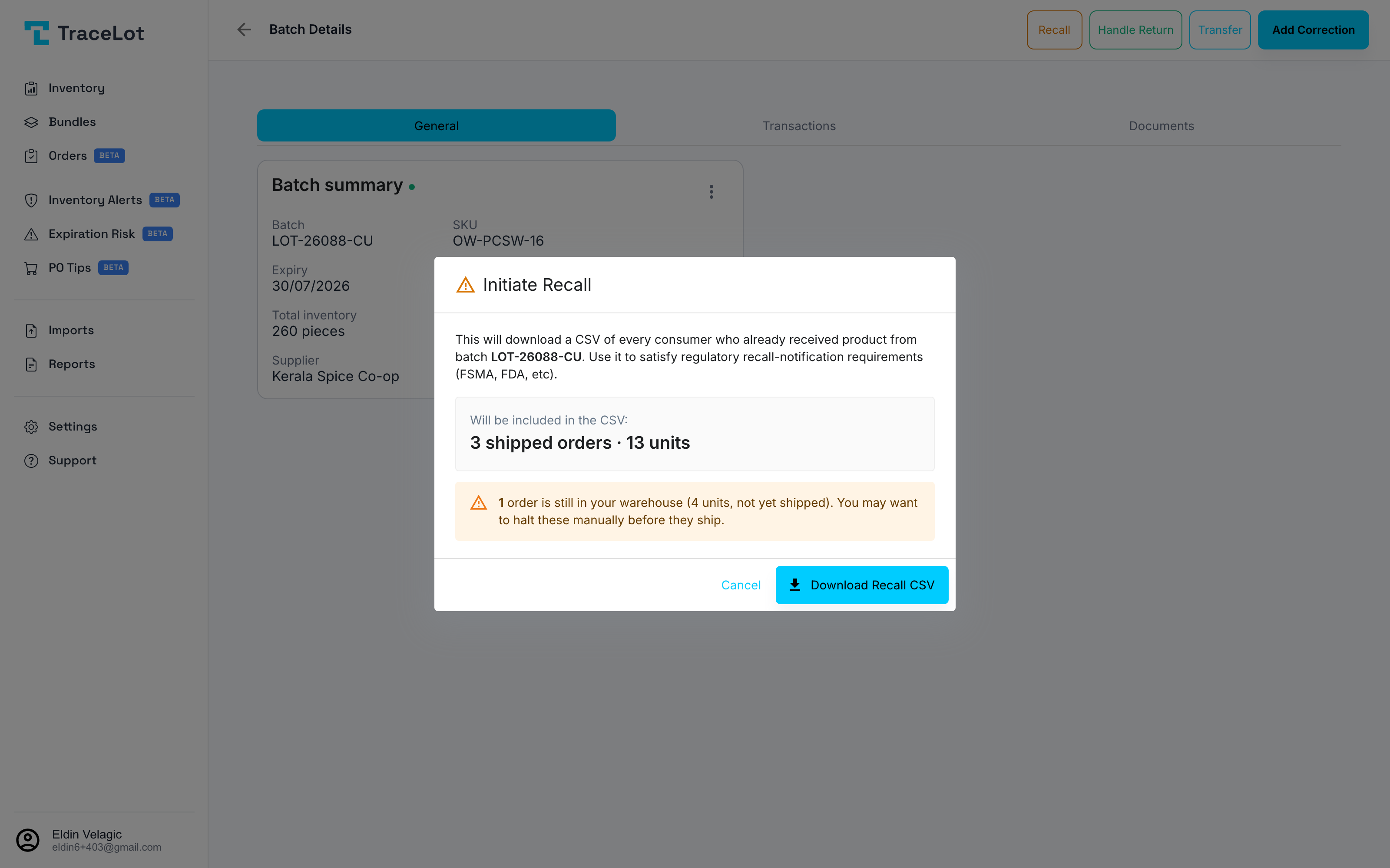 Recall dialog exporting every consumer who received a lot