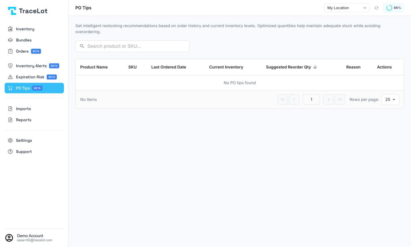 The PO Tips page showing the product table with suggested reorder quantity and reason columns