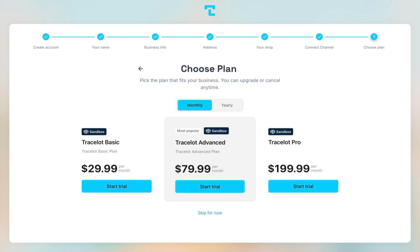 The Choose Plan step of sign-up showing plan cards