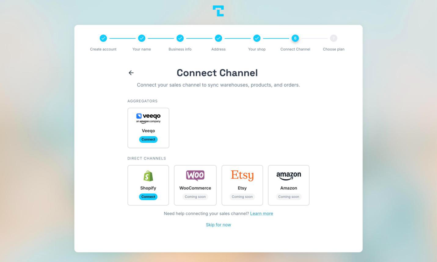 The channel picker showing the Veeqo card during sign-up
