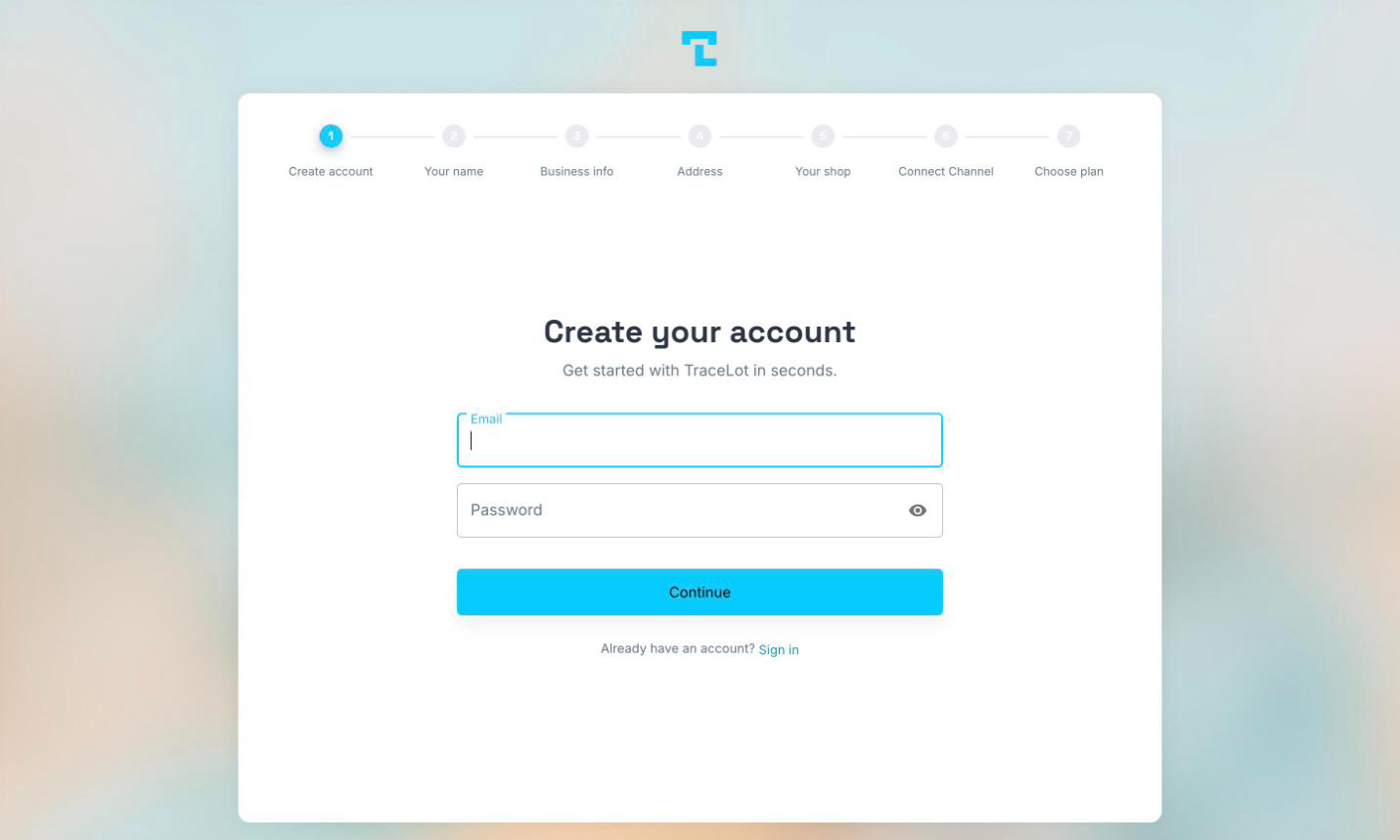 The sign-up page with the email and password fields