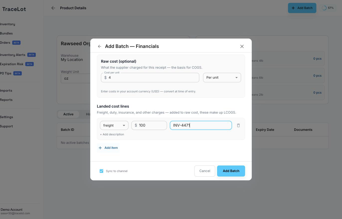 The batch financials form with raw cost and landed cost line entry