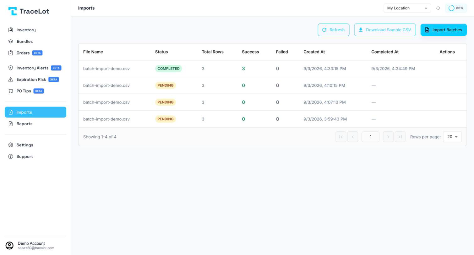 The Imports page with Refresh, Download Sample CSV, and Import Batches buttons above the import history table