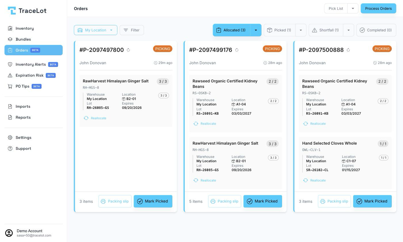 The Orders page with the Process Orders button in the toolbar and allocated order cards below