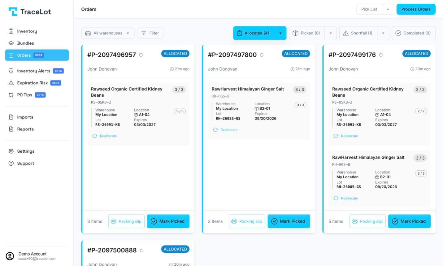 The Orders page showing the four tabs, warehouse filter, and a grid of order cards on the Allocated tab