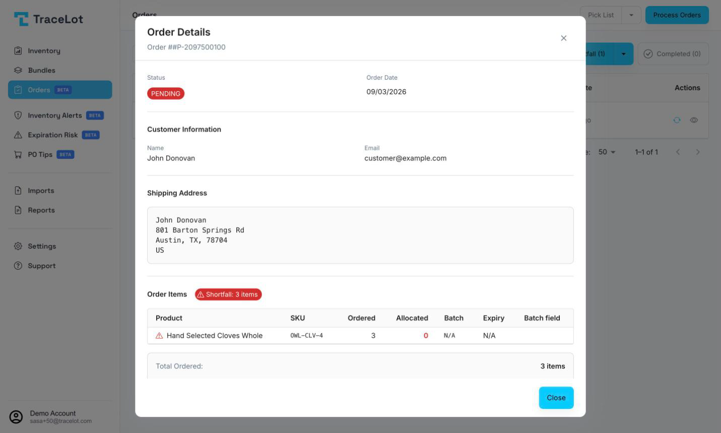 The Order Details dialog showing customer info, shipping address, and the line item table