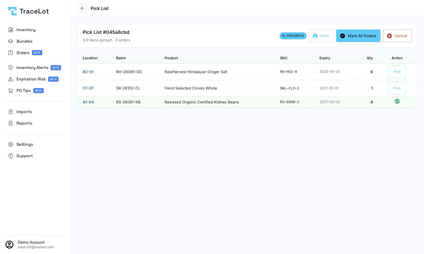 A pick job detail page with items grouped by location and a Pick button per row