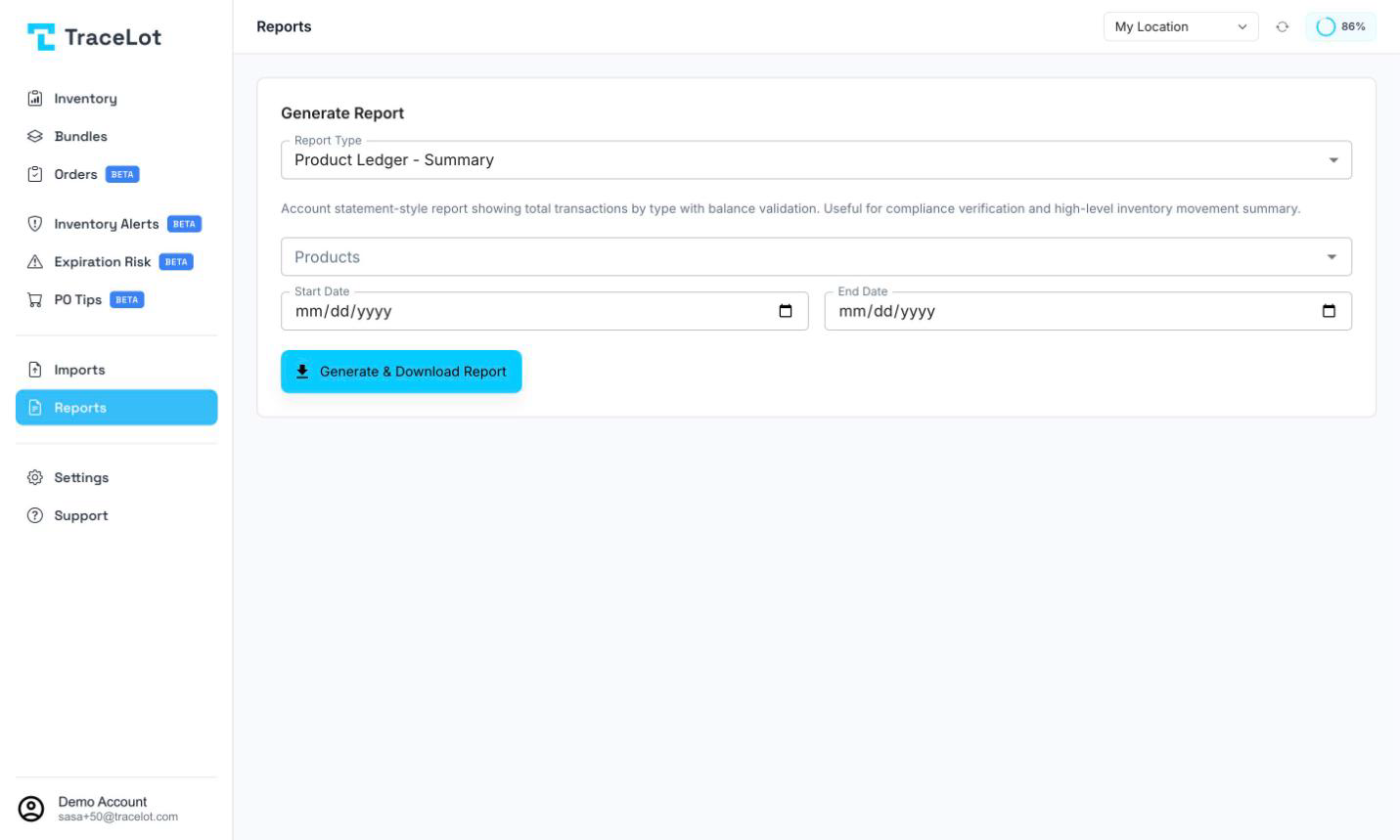 The Reports page with the Report Type select, Products filter, date fields, and Generate & Download Report button