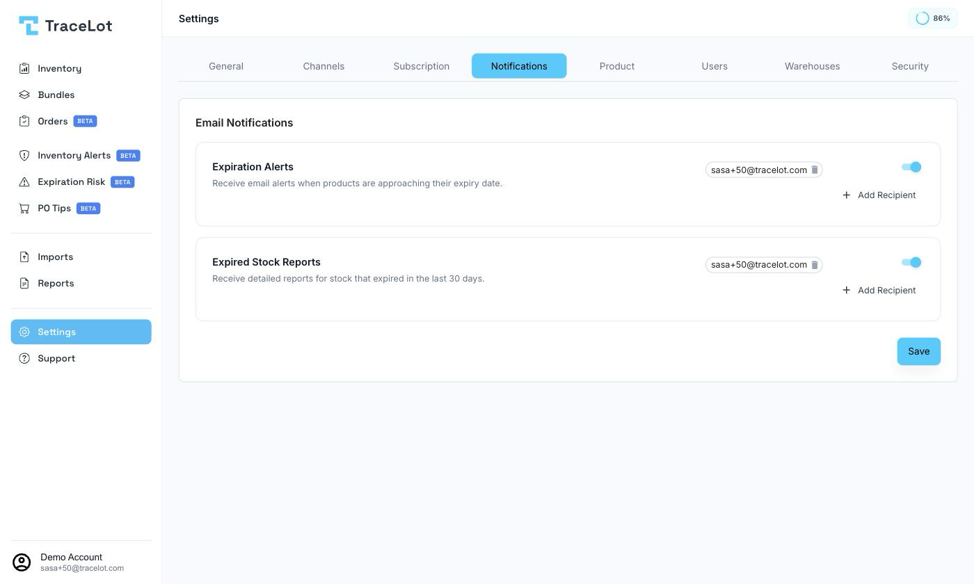 The Notifications settings tab showing the Expiration Alerts and Expired Stock Reports rows