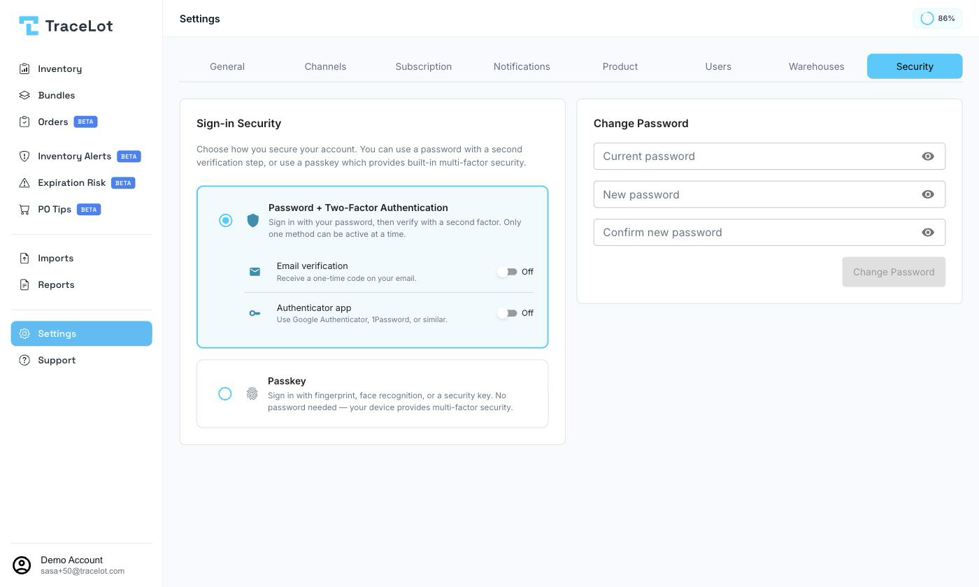 The Security settings tab showing the Sign-in Security options and the Change Password card