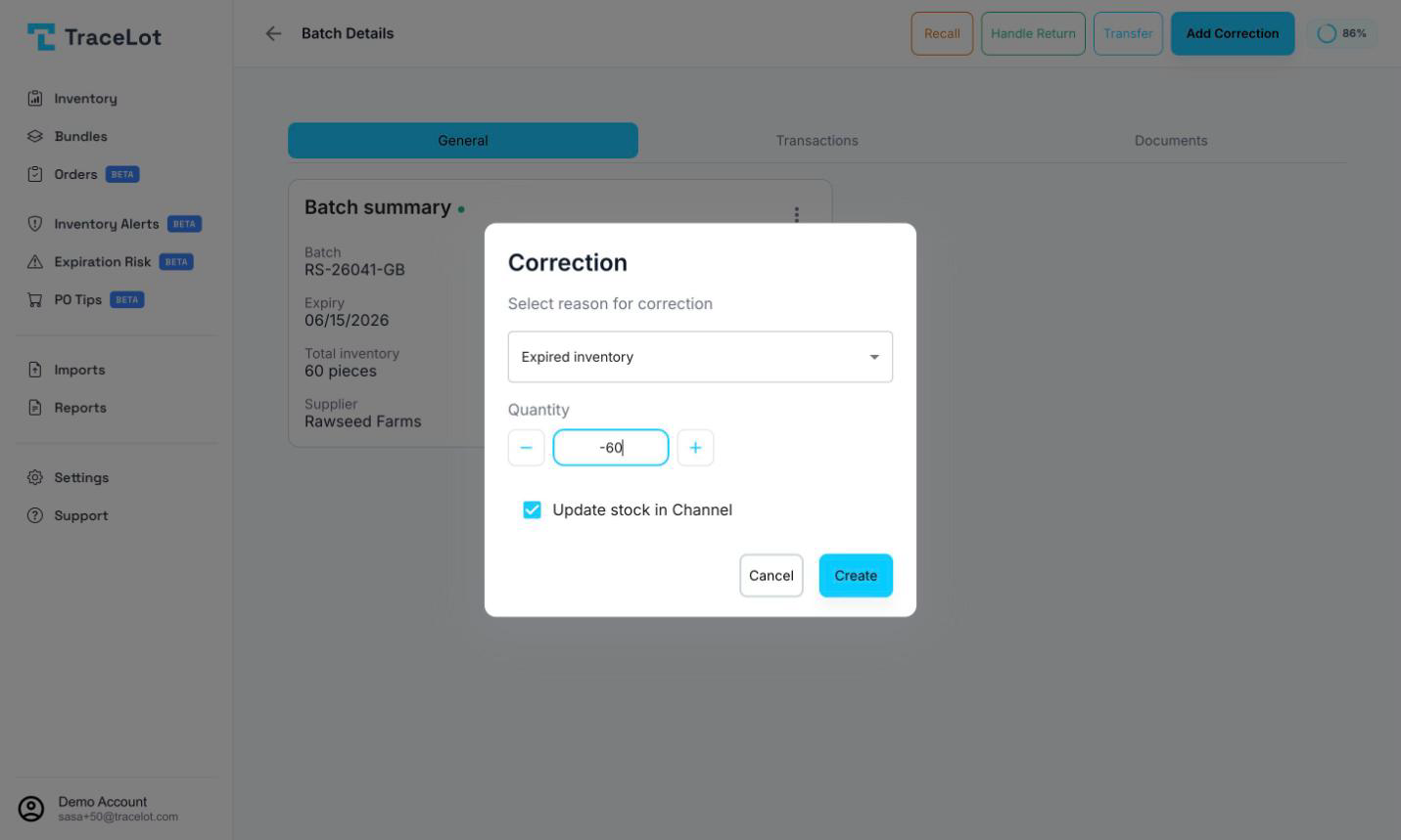 The Correction dialog with reason dropdown, quantity stepper, unit selector, and channel sync checkbox