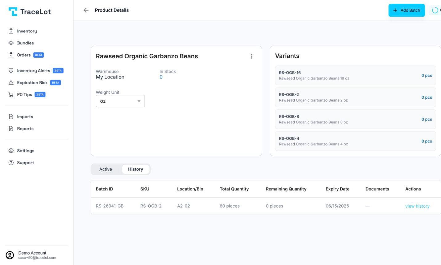 A product's History tab showing a depleted batch alongside its expiry date