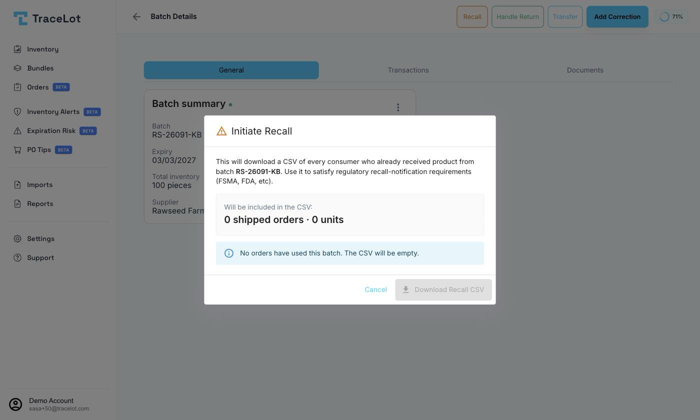 The Initiate Recall dialog showing shipped order/unit counts and a warning about open orders still in the warehouse