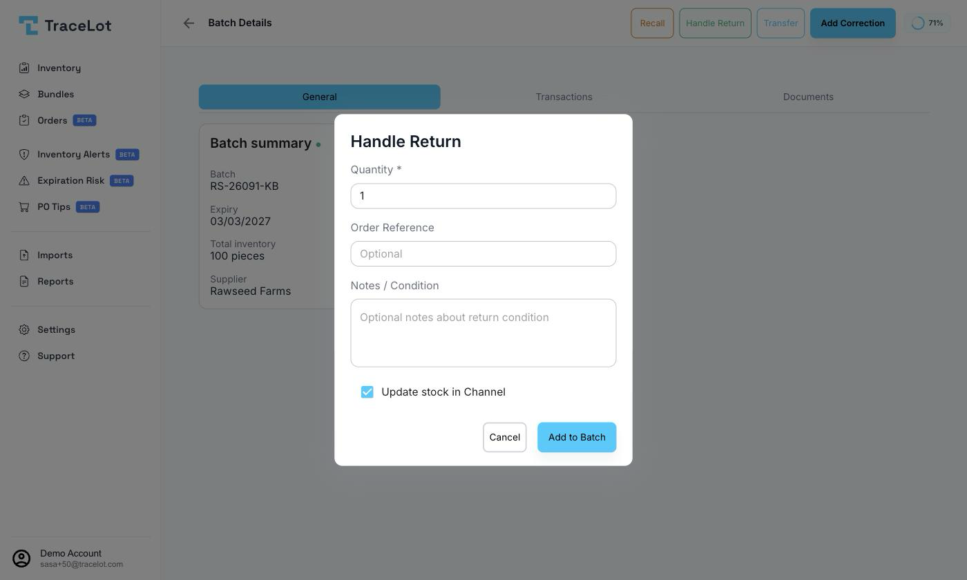 The Handle Return dialog with variant, quantity, location, order reference, and notes fields