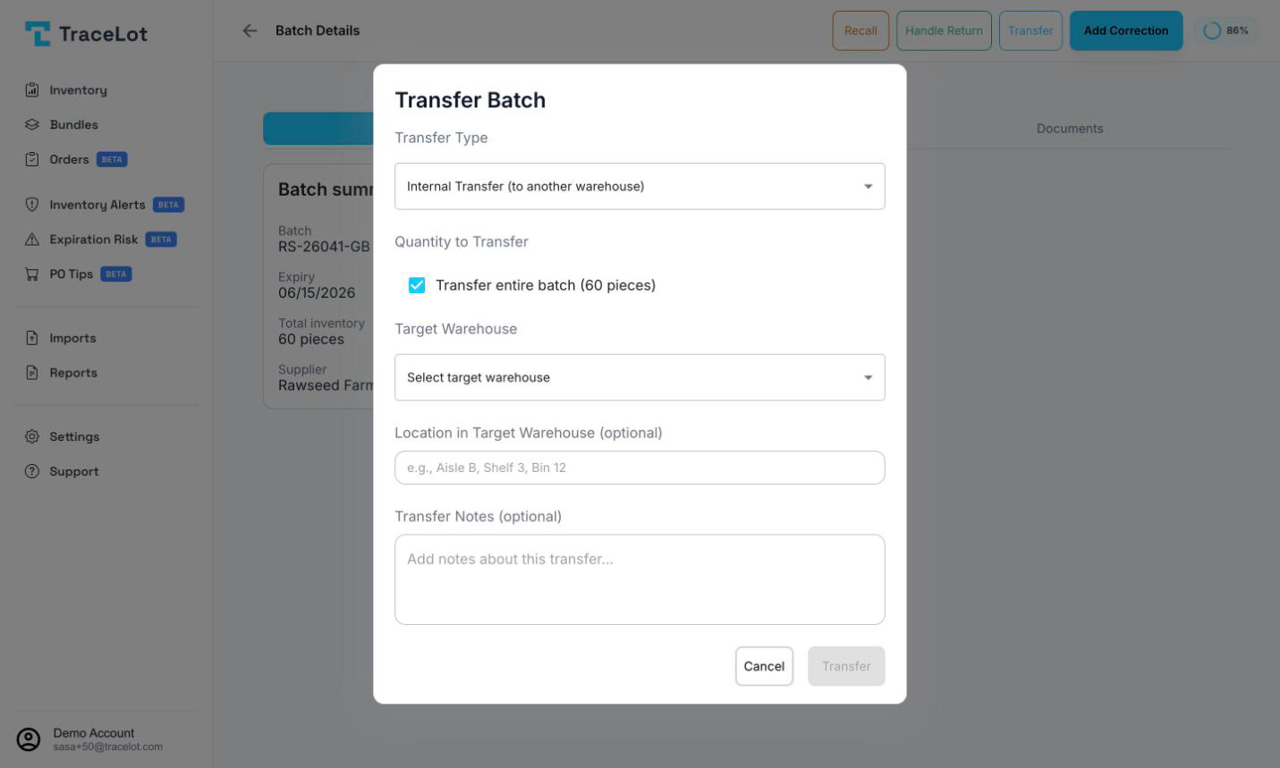 The Transfer Batch dialog with transfer type, quantity, target warehouse, and notes fields